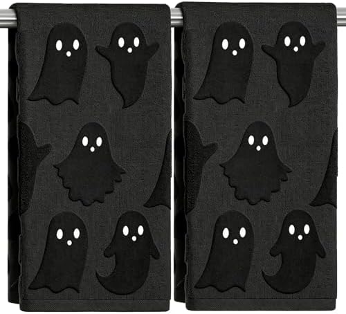 2 Pack Halloween Hand Towels 100% Cotton Jacquard Ghost Halloween Kitchen Towels White Bathroom Towels Set Seasonal Bathroom Decor (Black Ghost, Halloween)