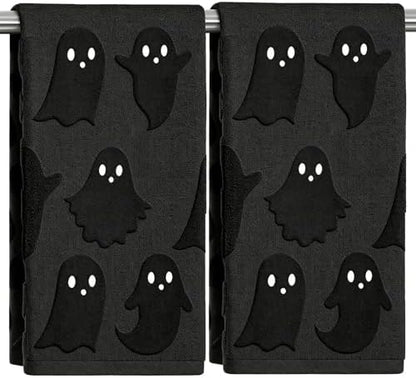 2 Pack Halloween Hand Towels 100% Cotton Jacquard Ghost Halloween Kitchen Towels White Bathroom Towels Set Seasonal Bathroom Decor (Black Ghost, Halloween)