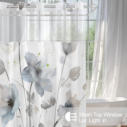 No Hook Shower Curtain and Liner Set, Blue Grey Boho Floral 71x84