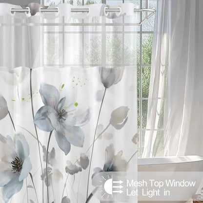 No Hook Shower Curtain and Liner Set, Blue Grey Boho Floral 71x84