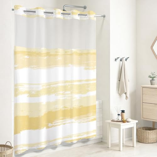 No Hook Shower Curtain with Liner, Yellow Stripe, 71x74 Inch
