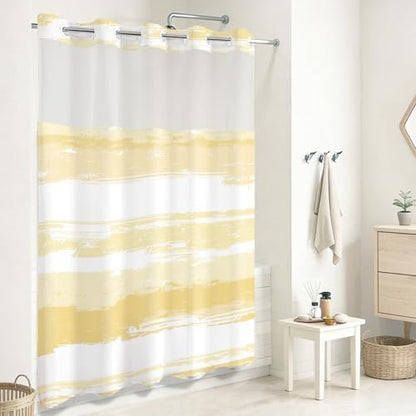 No Hook Shower Curtain with Liner, Yellow Stripe, 71x74 Inch