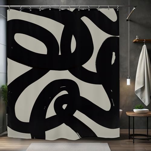 Abstract Black Line Shower Curtain 72Wx84L Inch Extra Long Modern Minimalist Contemporary Geometric Neutral Bathroom Set Accessories Decor with 12 Pack Hooks