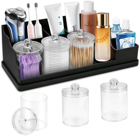 Bathroom Counter Organizer, Large Black Silicone Toothbrush Holders for Bathrooms Organizer Countertop with 3PCS Qtip Holder, Toothbrush and Toothpaste Holder for Bathroom Organization Storage Vanity