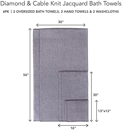 Texere 100% Organic Cotton Jacquard 650 GSM Premium Bath Towel Sets - Extra Absorbent Quick Dry and Plush, 2 Large Bath Towels, 2 Hand Towels, 2 Washcloths (Cable, Granite, 6 Piece)