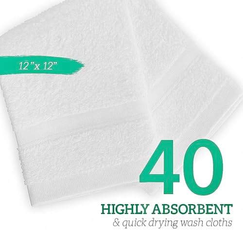 GREEN LIFESTYLE Washcloths 12" x 12" 40 Pack - 100% Cotton Wash Cloths, Soft Absorbent Face Towels, Bulk Washcloths for Body, Bathroom, Shower and Daily Use (White)