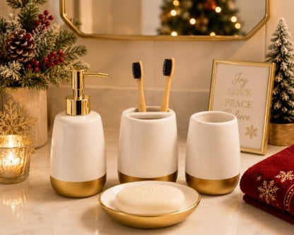 4-Piece Ceramic Bathroom Accessories Set, White and Gold Bathroom Set with Soap Dispenser, Toothbrush Holder, Tumbler and Soap Dish, Modern Vanity Countertop Decor