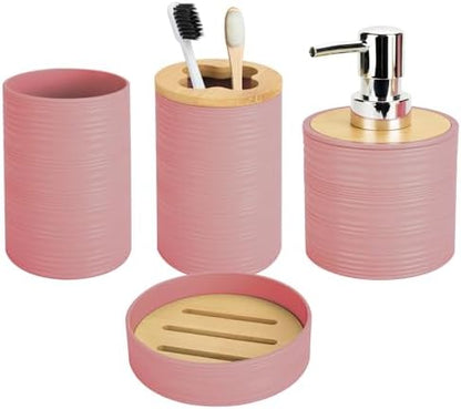 4PCS Light Pink Bathroom Set, Soap Dispenser, Dish & Bamboo Holder, Rustic