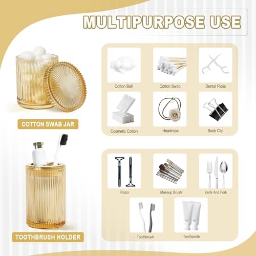 KASUNTING Gold Bathroom Accessories 4 Pcs, Gold Glass Soap Dispenser and Toothbrush Holder Set, Qtip Holder Set, Glass Bathroom Soap Dispenser Set, Yellow Orange Bathroom Decor
