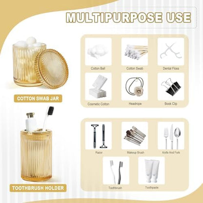 KASUNTING Gold Bathroom Accessories 4 Pcs, Gold Glass Soap Dispenser and Toothbrush Holder Set, Qtip Holder Set, Glass Bathroom Soap Dispenser Set, Yellow Orange Bathroom Decor