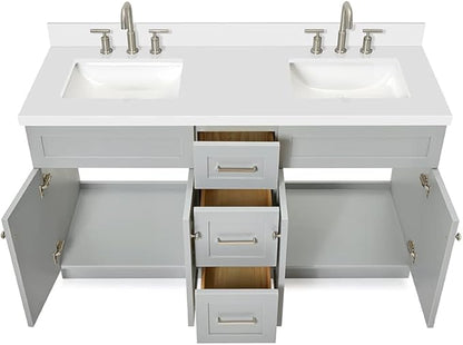DKB Bradford 60" Grey Double Bathroom Vanity with 1.5" Pure White Quartz Countertop, Rectangular Undermount Sinks, 2 Soft Closing Doors, 3 Dovetail Drawers, Brushed Nickel