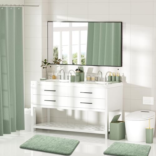Bathroom Set - Bathroom Sets with Shower Curtain and Rugs, Sage Green Bathroom Set, 27PC Bathroom Accessories Set, Mini Trash Can, Toilet Brush, Trash Can & Soap Dispenser