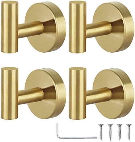 Towel Hooks Bathroom Coat Robe Hook Stainless Steel Heavy Duty Door Hanger Towel Robe Clothes Cabinet Wall for Bathroom Bedroom Kitchen Hotel Pool 4 Packs (Gold)