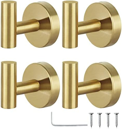 Towel Hooks Bathroom Coat Robe Hook Stainless Steel Heavy Duty Door Hanger Towel Robe Clothes Cabinet Wall for Bathroom Bedroom Kitchen Hotel Pool 4 Packs (Gold)