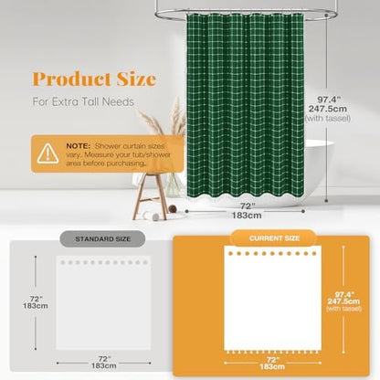 BTTN Extra Long Boho Farmhouse Linen Shower Curtain, 72x96, Emerald Green