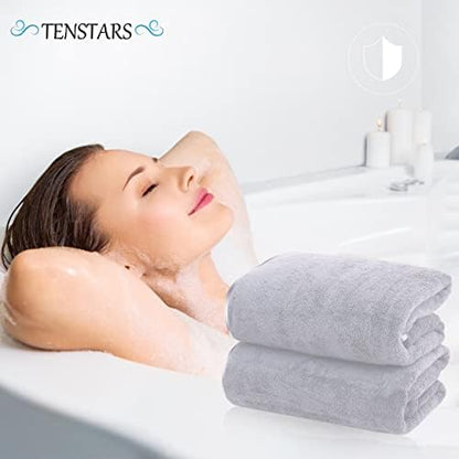 TENSTARS Silk Hemming Bath Towels for Bathroom Clearance - 27 x 55 inches - Light Thin Quick Drying - Soft Microfiber Absorbent Towel for Bath Fitness, Sports, Yoga, Travel, Gym - 2 Pack, Light Grey