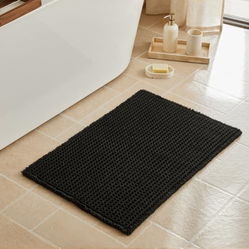 Triohero Black Waffle Bath Mat, Boho Bathroom Rugs Non Slip Washable, 20x30