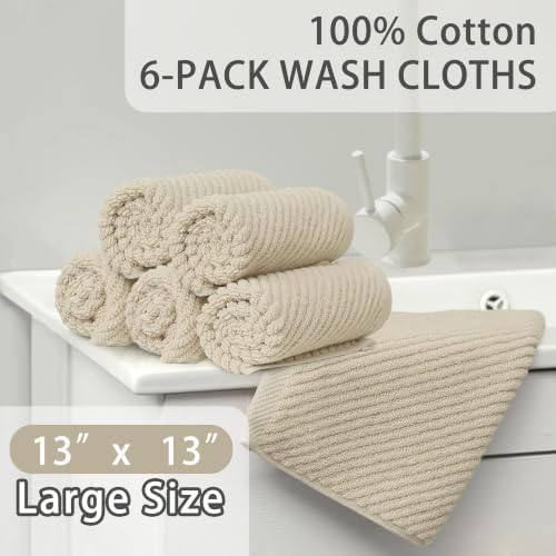VOOVA & MOVAS Washcloths 6PC, 100% Cotton, 13x13 in, Beige Tan