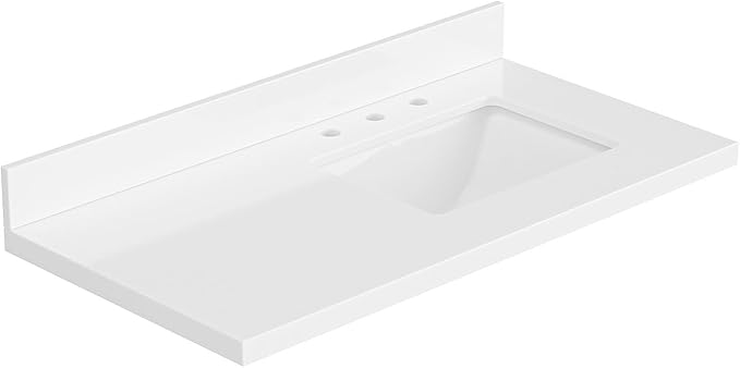 ARIEL 43 inch Bathroom Vanity top with Sink, 1.5 Inch Thick Miter Edge White Quartz top, Right Offset Vanity top with Rectangle Porcelain Sink, Includes Backsplash