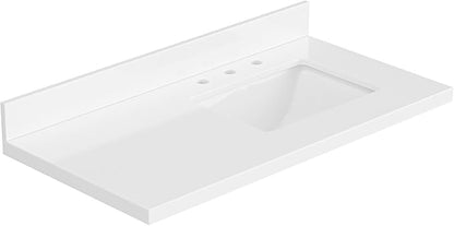 ARIEL 43 inch Bathroom Vanity top with Sink, 1.5 Inch Thick Miter Edge White Quartz top, Right Offset Vanity top with Rectangle Porcelain Sink, Includes Backsplash