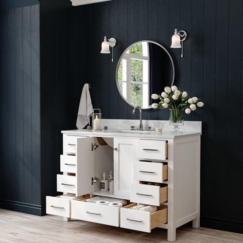 ARIEL Cambridge 48-inch Bathroom Vanity with Sink,Solid Wood, 0.75-inch Italian Carrara Marble Countertop, Single Rectangular Porcelain Sink, 2 Soft Closing Doors, 9 Dovetail Drawers, White