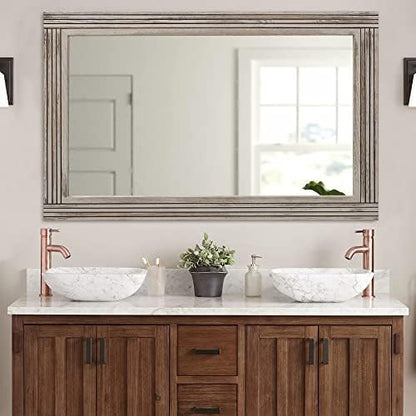 YOSHOOT Hand-Made Wooden Spliced Wall Mirror for Bathroom, Rustic Farmhouse Vanity Mirror, Décor Wall Art, Solid Wood Frame, Vertical or Horizontal Hanging, 53" x 28", Grey