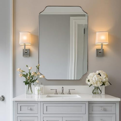ANDY STAR 20x30 Inch Brushed Nickel Mirror, Silver Bathroom Mirror, Modern Rounded Notched Corner Mirror in Rustproof Stainless Steel Thin Frame, Compact Size Ideal for Small Bathroom Remodel