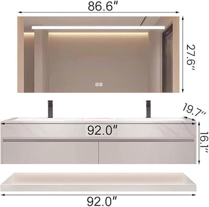 92" Bathroom Vanity with Sink, Double Sink Bathroom Vanity with Smart LED Defog Mirror, Ceramic Sink, Wall Mounted Floating, Soft Closing, Fully Pre-Assembled, Ample Storage, Mirror Set