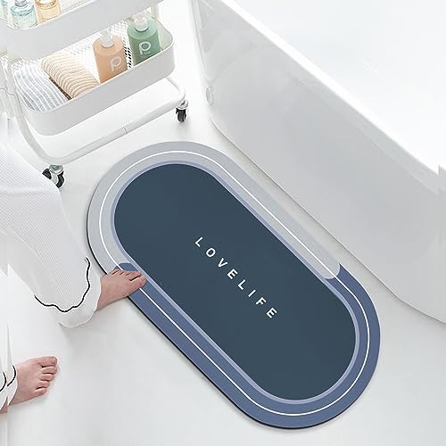 Rubber Bath mats Quick-Drying Non-Slip Bathroom mat Super Absorbent Bath mat Instant Dry Bath mat, Bathroom Rug in Front of The Kitchen Sink, Shower Room, Bathtub, Oval(Blue+16.9x35.4in)