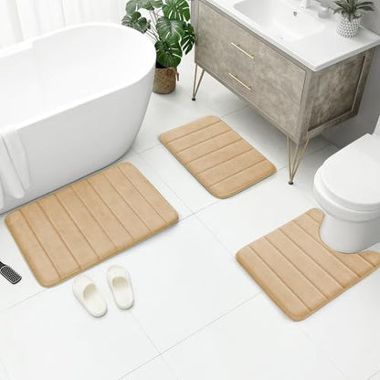 BYSURE Beige Memory Foam Bathroom Rug Set 3 Piece, Non Slip Extra Soft Absorbent Bath Mats, Machine Washable & Dry Toilet Mat Sets for Bathroom Floor | Non Slip Extra Soft Absorbent Machine Washable Toilet Bath Toilet Mat for Shower, for Bathroom