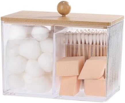Qtip Holder with Bamboo Lids, 3 Compartments Cotton Ball/Swabs Dispenser, Apothecary Jar Clear Plastic Bathroom Container for Storage and Organizer