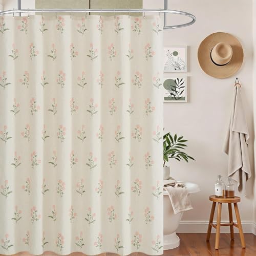 ORTIGIA Linen Shower Curtain Farmhouse Vintage Pink Green Floral Shower Curtains Boho Rustic Block Print Cottagecore Decor for Bathroom 72 W x 72 L
