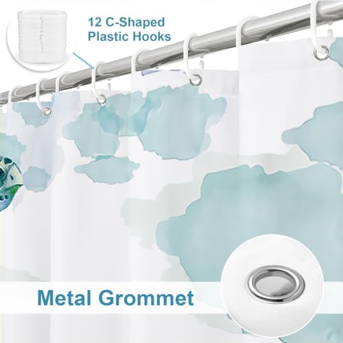 Ocean Beach Nautical Sea Turtle Shower Curtain, Coastal Tropical Shower Curtains for Bathroom Decor and Accessories, Waterproof Shower Curtain Set with Hooks, Machine Washable Fabric 36 x 72 inch Teal