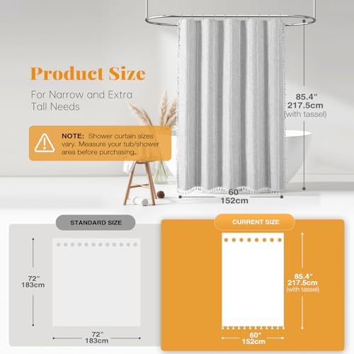 BTTN 60 x 84 Boho Linen Heavy Duty Cloth Shower Curtain Set, Grey/Gray
