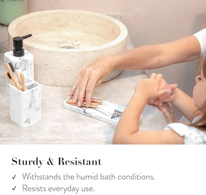 ZCCZ Bathroom Accessory Sets, 4 Pieces Bathroom Accessories Complete Set Vanity Countertop Accessory Set with Marble Look, Includes Lotion Dispenser, Toothbrush Holder and Tray (White Marble Look)