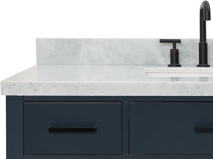 Isabella 48-Inch Bathroom Vanity with Sink — Midnight Blue Single Sink Bathroom Vanity, 1.5" Edge Italian Carrara Marble Top, Solid Wood, 2 Soft-Close Doors, 8 Dovetail Drawers + Tilt Drawer