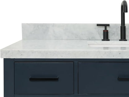 Isabella 48-Inch Bathroom Vanity with Sink — Midnight Blue Single Sink Bathroom Vanity, 1.5" Edge Italian Carrara Marble Top, Solid Wood, 2 Soft-Close Doors, 8 Dovetail Drawers + Tilt Drawer