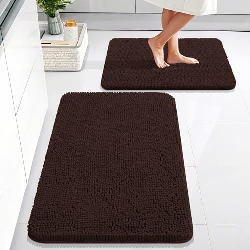 OLANLY Chenille Bathroom Rugs Mats Sets 2 Piece, 30"x20"+24"x16", Brown
