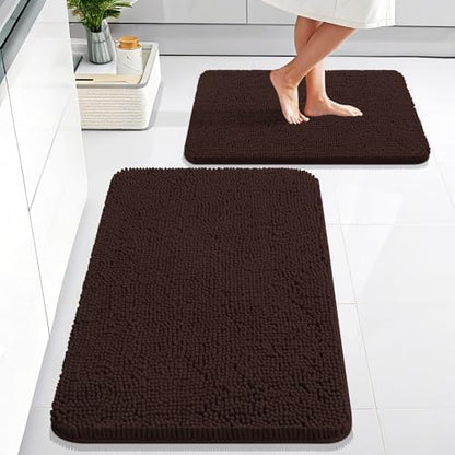 OLANLY Chenille Bathroom Rugs Mats Sets 2 Piece, 30"x20"+24"x16", Brown