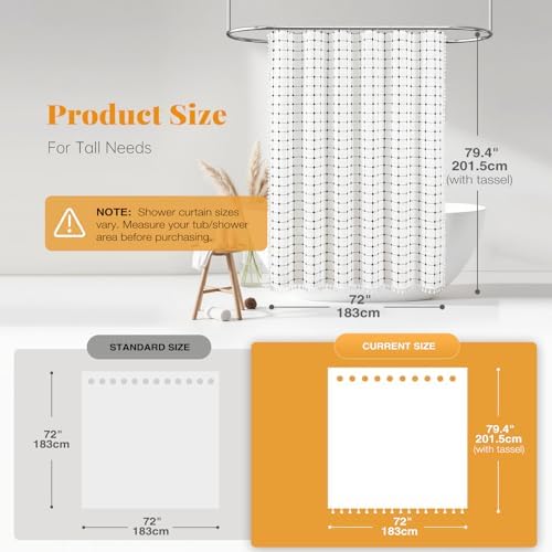 BTTN 72x78 Boho Farmhouse Linen Fabric Shower Curtain Set, White and Black