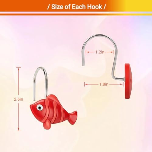 12Pcs Red Fish Shower Curtain Hooks Decorative for Curtain Rods, Cute Animals Shower Curtain Rings, Silver Stainless Steel Metal Shower Curtain Hanger Hooks, Kids Ocean Bathroom Decor Accessories