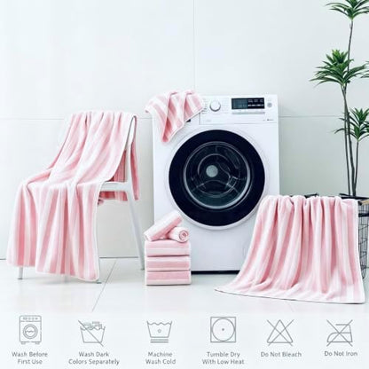 18 Pcs Pink Cabana Stripe Bath Towel Set with Hanging Loop-6 Bath Towels,6 Hand Towels,6 Washcloths Family Towels Soft Microfiber Highly Absorbent Quick Dry Shower Towel for Bathroom Beach Spa Gym