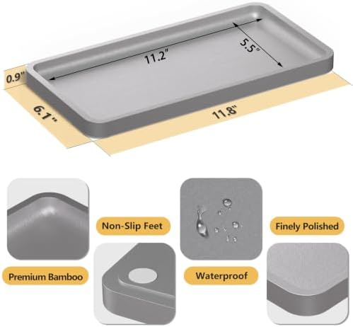 Weenson Bathroom Vanity Tray for Perfume Makeup Jewelry Decor Candle, Bamboo Kitchen Tray for Soap Dispenser Spice, Coffee, Toilet Tank Tray Nightstand Silver 11.81”L x 6.1”W x 0.79”H