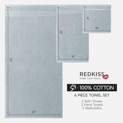 REDKISS Light Grey Towels Set 6 Piece Cotton Towel Sets with 2 Bath Towels, 2 Hand, 2 Washcloths, 650GSM Hotel Quality, Soft, Highly Absorbent Towels for Bathroom Gym, Ideal Everyday Use