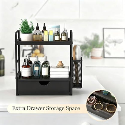 LEMIKKLE Bathroom Counter Organizer with Basket, Bathroom Organizers and Storage,Skincare Organizers for Vanity,Storage Organizers for Bathroom, Kitchen, Dresser (Black with Drawer)