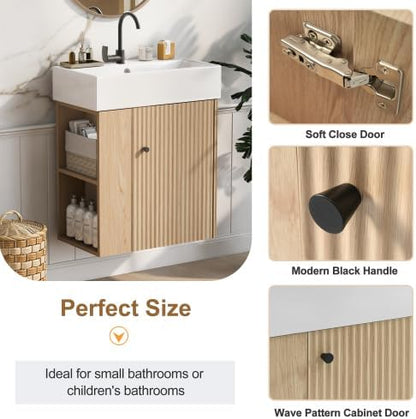BNSPLY 22 Inch Floating Bathroom Vanity with Sink, Wall Mounted Bathroom Vanity Cabinet with Ceramic Sink, Modern Single Basin Vanities, Small Restroom Basin Cabinet with Left Side Storage, Wood