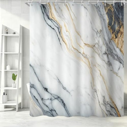 White Marble Shower Curtain Modern Abstract Luxury Gold Ink Texture Gray Ombre Watercolor Bathroom Curtain Set with Hooks Soft and Lightweight Waterproof Fabric Machine Washable 36" Wx72 L