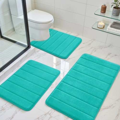 BYSURE Light Teal Memory Foam Bathroom Rug Set 3 Piece