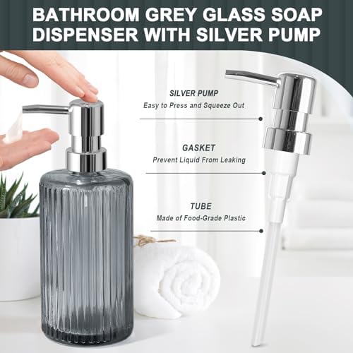 KASUNTING Gray Glass Bathroom Accessories 4 Pcs, Grey Bathroom Set, Soap Dispenser and Toothbrush Holder Set, Qtip Holder Set, Vintage Bathroom Sink Set, Modern Bathroom Decor