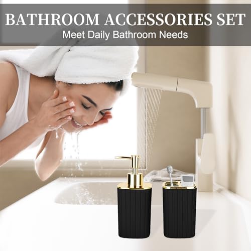 Black and Gold Bathroom Accessories, Soap Dispenser and Toothbrush Holder